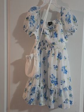 lilt White Dress with Blue Floral Print and Puff Sleeves